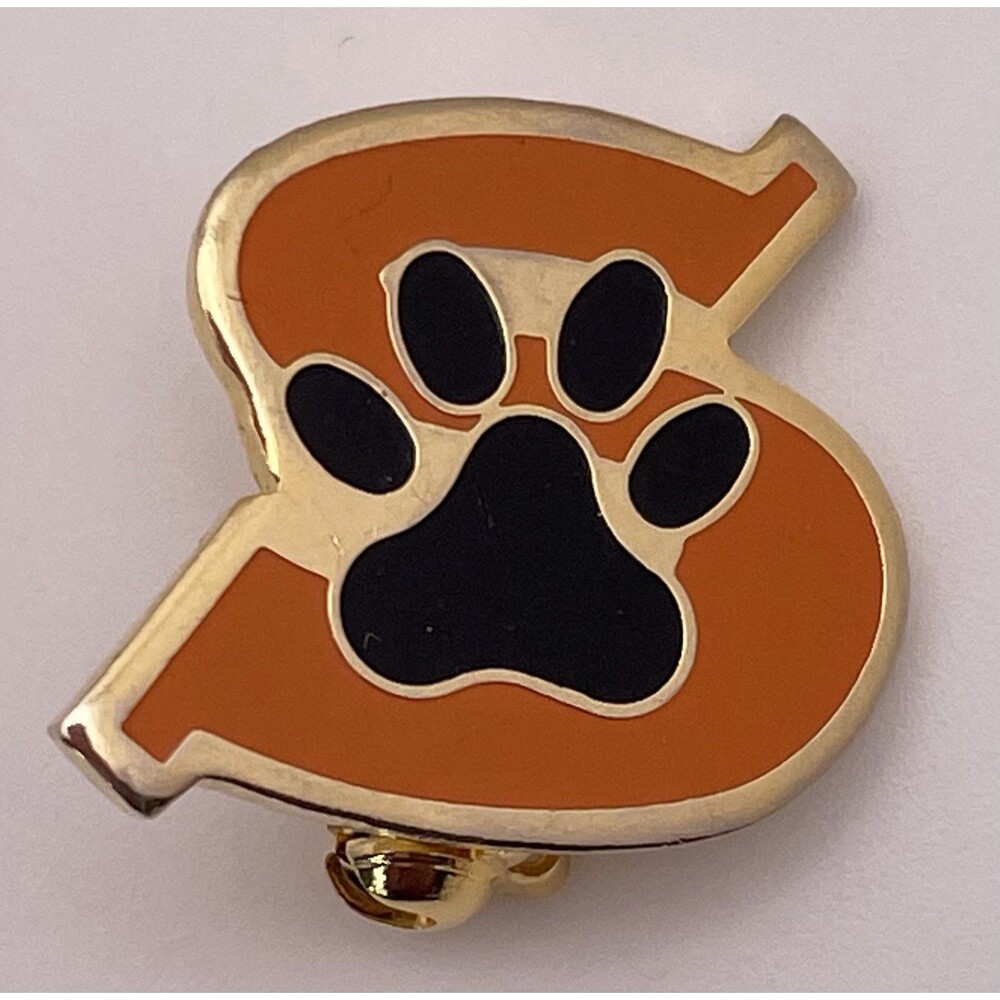 “S” Puppy Paw Orange Black Gold Tone Pin Brooch